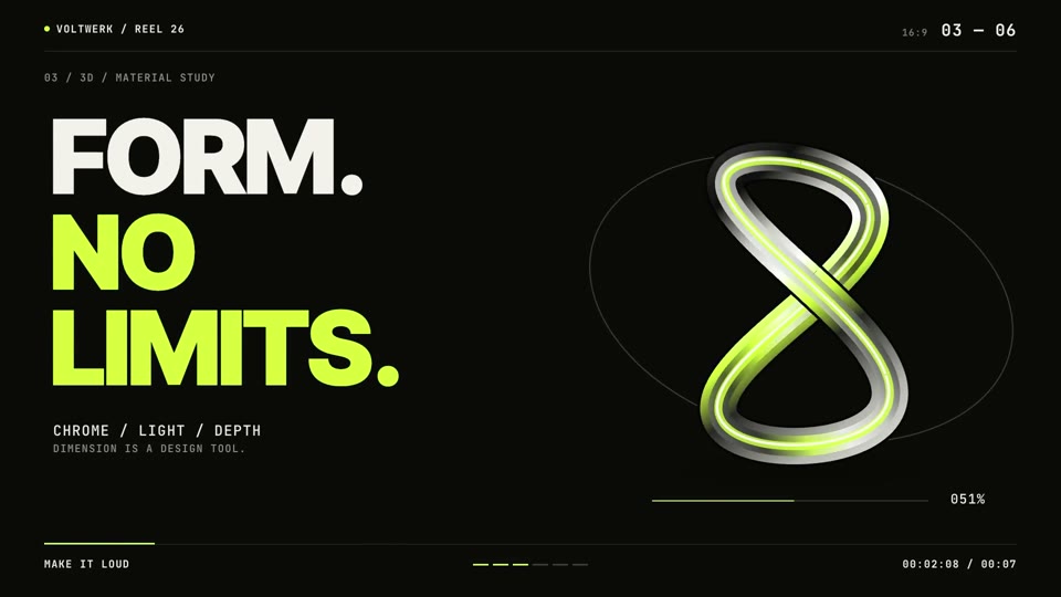 Acid Chrome: Acid-lime brand reel: heavy all-caps statements, a spinning liquid-chrome knot and hard cuts on every beat.