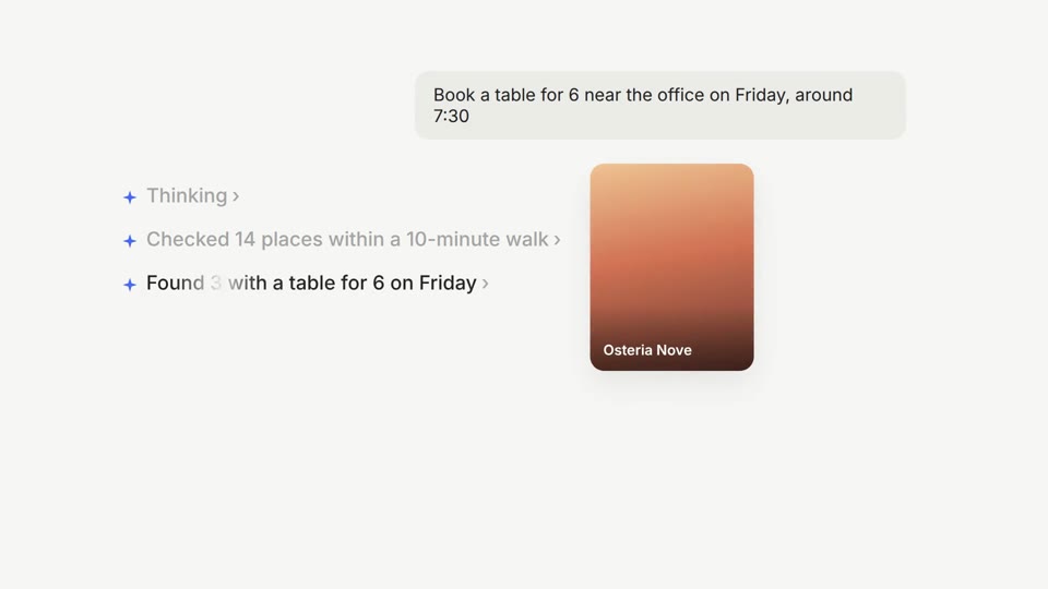 Agent UI Demo: A glowing prompt bar, shimmering step-by-step agent status and a confirmation card that lands.