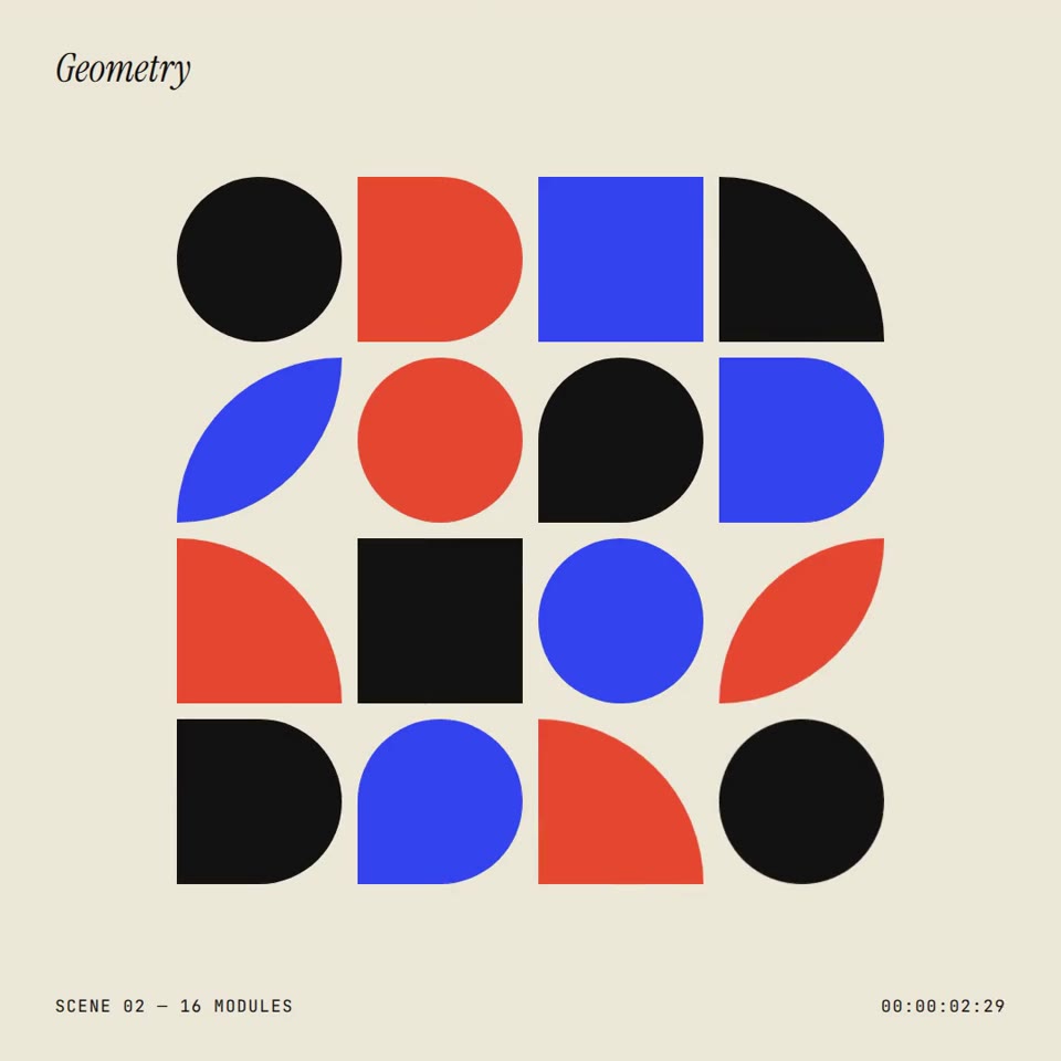 Bauhaus Grid: Red, blue and black modules that pop, rotate in waves and swap colour on a cream page.
