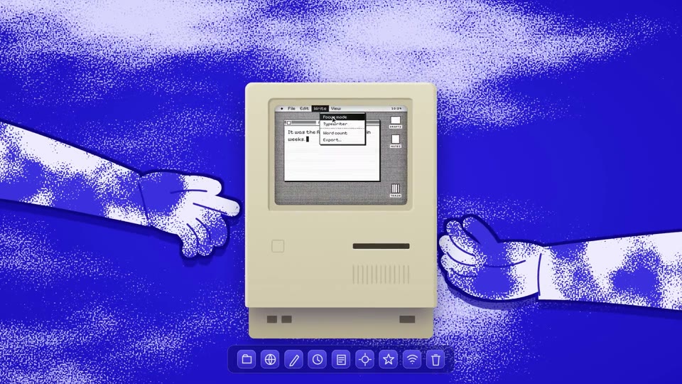 Cyanotype Mac: A beige 1984 compact computer on a dithered cobalt sky, its 1-bit desktop clicking through your product.