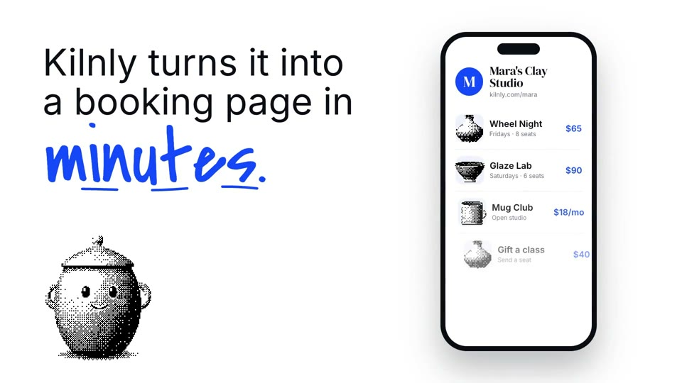 Dither Serif: A stippled 3D mascot, big serif headlines with one cobalt script word, floating UI and a skewed stamp that slams.