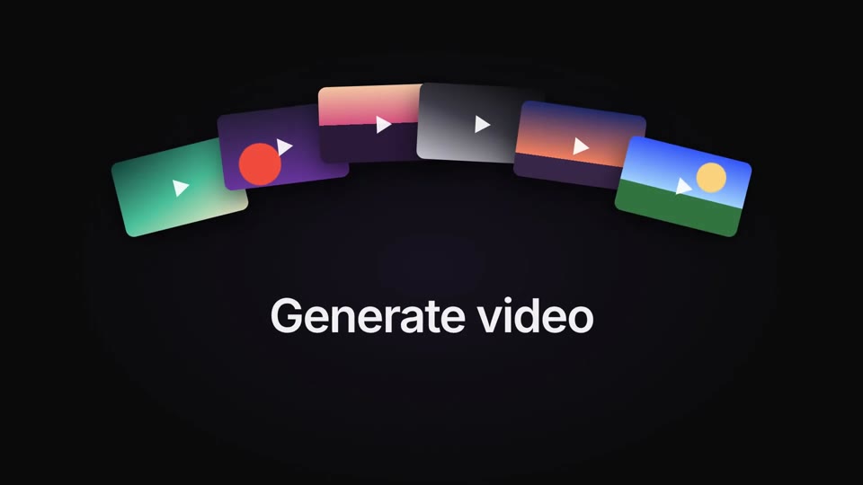 Midnight Launch: A glowing app icon, blur-in type and fanned media cards on near-black — the classic AI launch film.